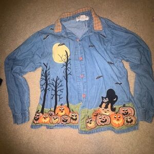 Vintage 90s Tantrum Denim Halloween Cottage Core Granny Xl Jean Shirt Pumpkin